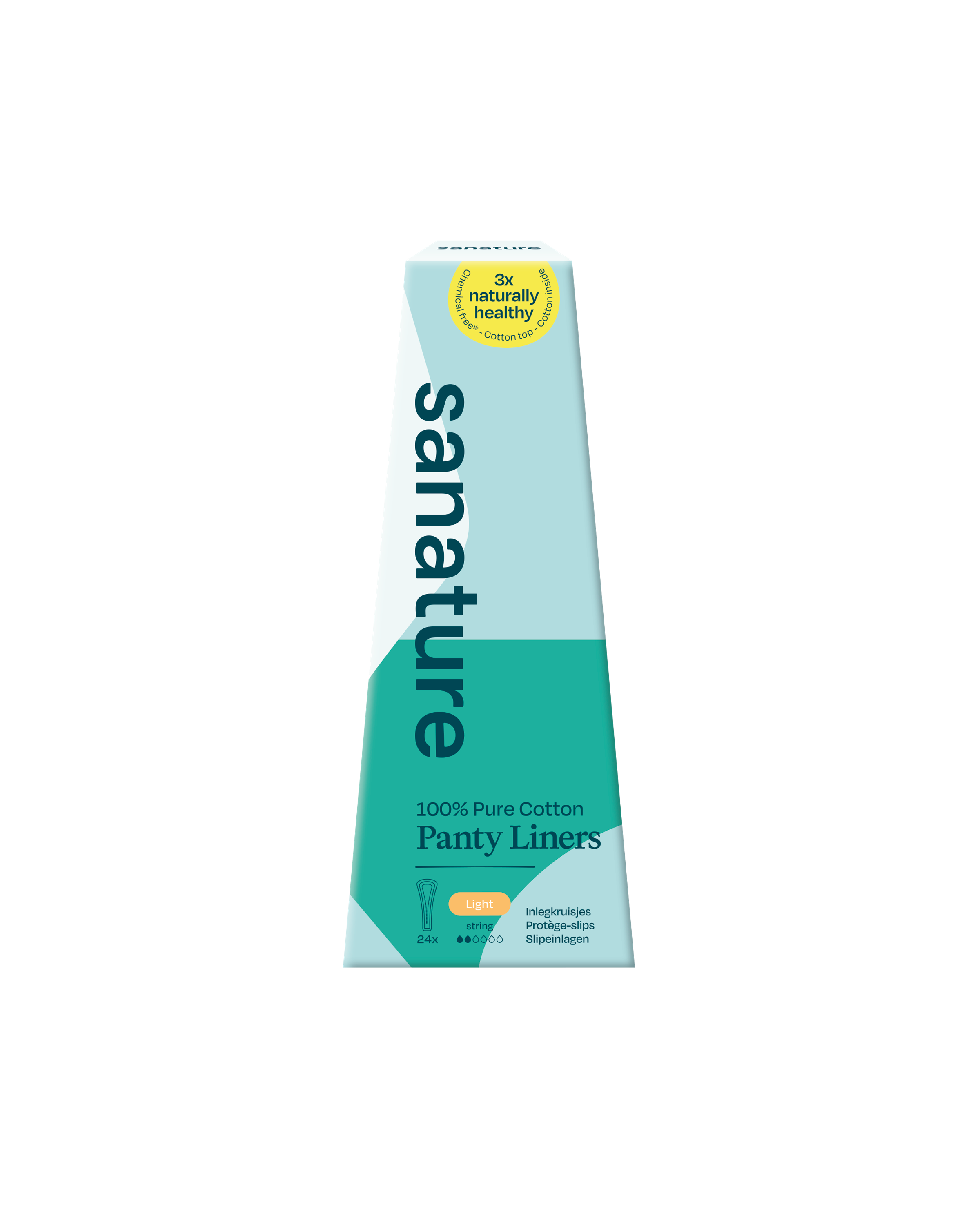 Sanature dameshygiëne inlegkruisjes string, 24 stuks, close-up of soft, discreet inlegkruisjes for feminine hygiene.