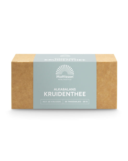 Mattisson Alkabalans kruidenthee in a box with 25 tea bags, showing herbal tea packaging and branding.