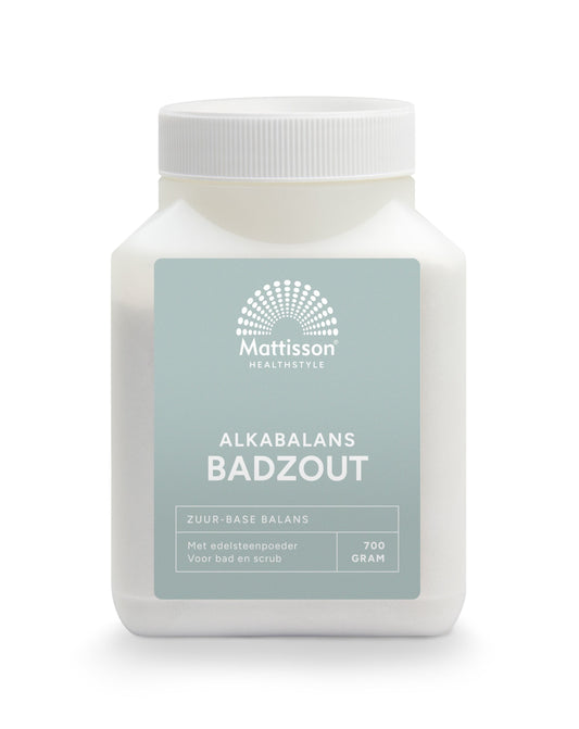 Mattisson Alkabalans pH 8.0 bad en douche badzout in 700g packaging, designed for balancing skin pH during bath and shower.