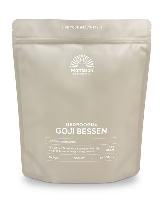 Raw superfoods Mattisson Gedroogde Goji Bessen in 1kg bag, dried red goji berries for healthy snacks and smoothies.