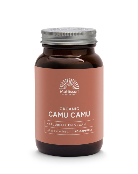 Vegetarian capsules of Mattisson Camu Camu 500mg bio herbal supplement in a clear container, labeled with product details and brand.