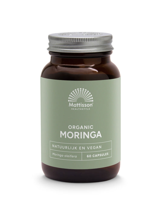 Vegetarian Moringa capsules by Mattisson, 400mg organic herbal supplement in a bottle with 60 capsules.