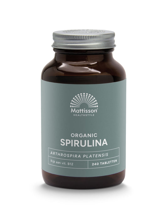 Mattisson Spirulina 500mg bio herbal supplement in a bottle with 240 tablets, natural spirulina powder for health support