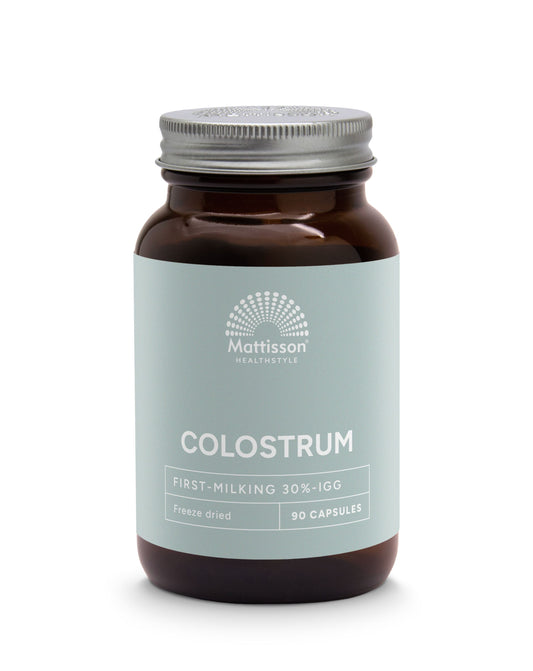 Mattisson Colostrum first-milking vegetarian capsules with 30% IgG, containing amino acids, shown in the image.