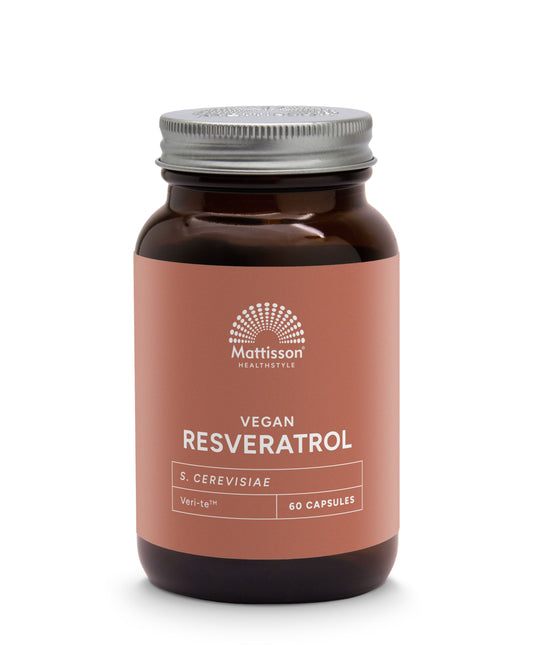 Mattisson Absolute Resveratrol 98% fermented herbal capsules, vegetarian supplement in a white bottle with 60 capsules.