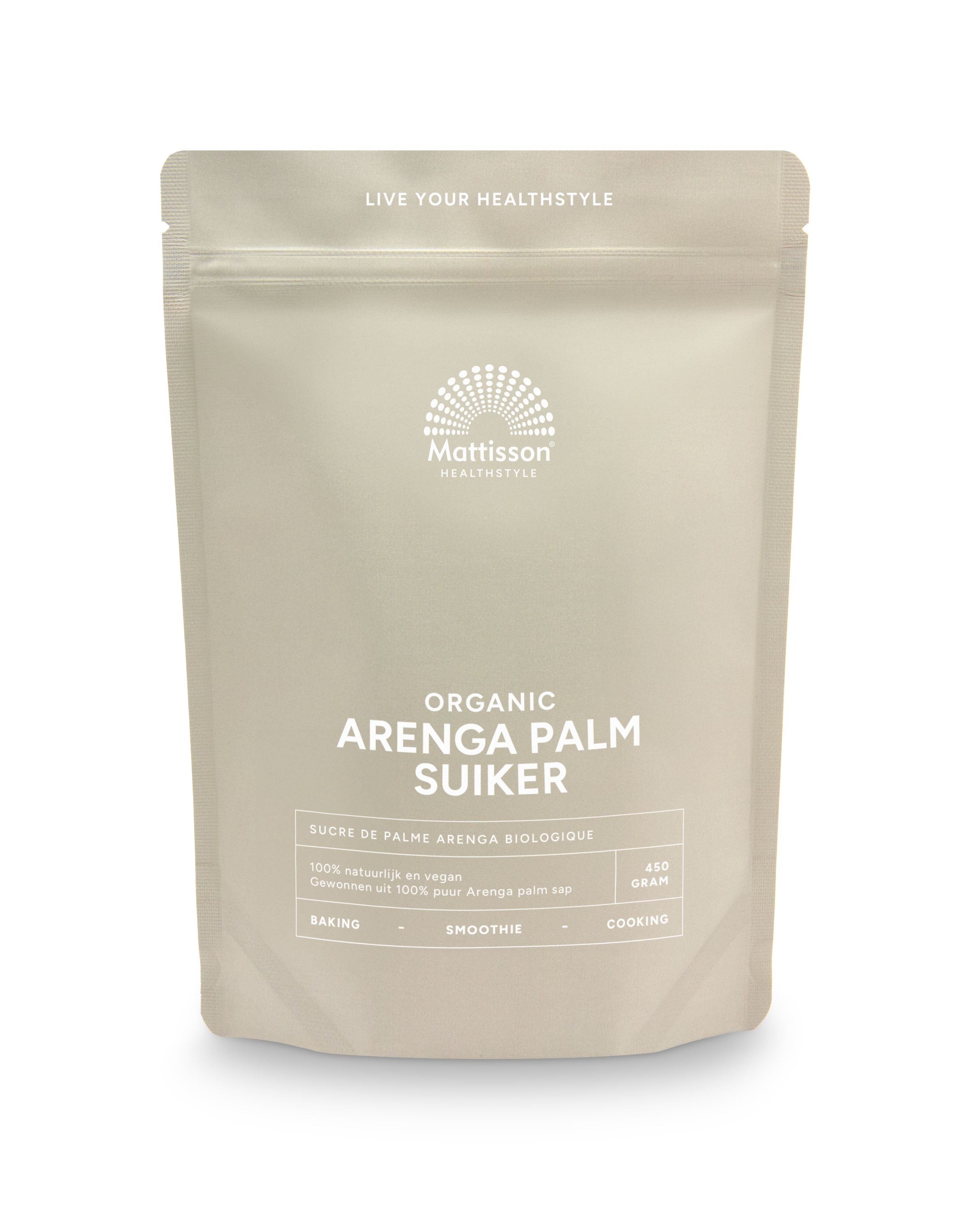 Mattisson Arenga palmsuiker bio in 450g package, natural sweetener from sustainable palm sugar, shown in a clear container.