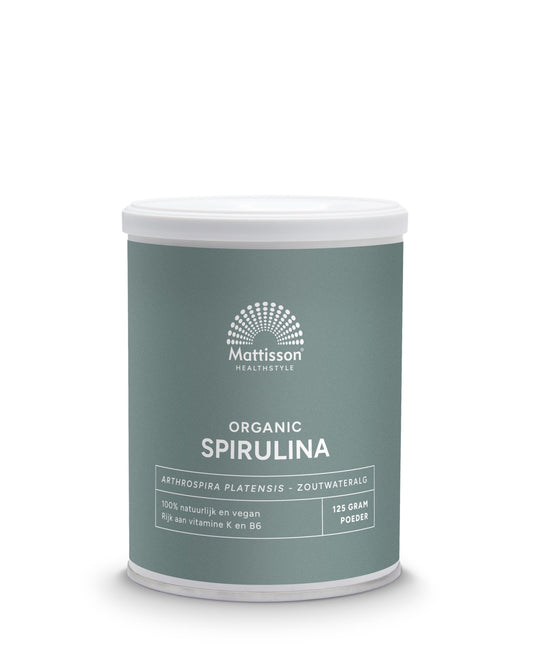 Organic Mattisson Spirulina powder in a 125g package, a herbal supplement for health and nutrition.
