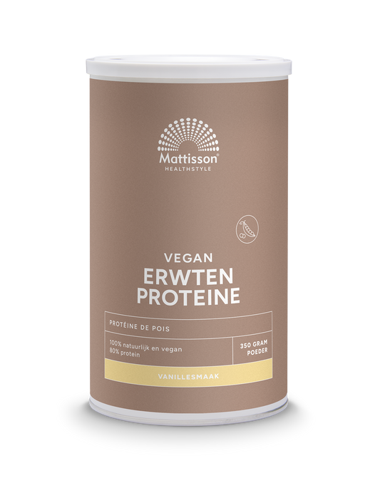 Vegan vanilla pea protein powder by Mattisson, 350 grams, featuring amino acids, in a white container with label.