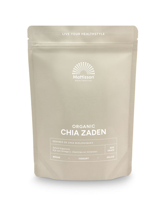 Raw bio chia seeds in a 500g package from Mattisson, showcasing the organic superfood product with chia seeds inside a clear container.