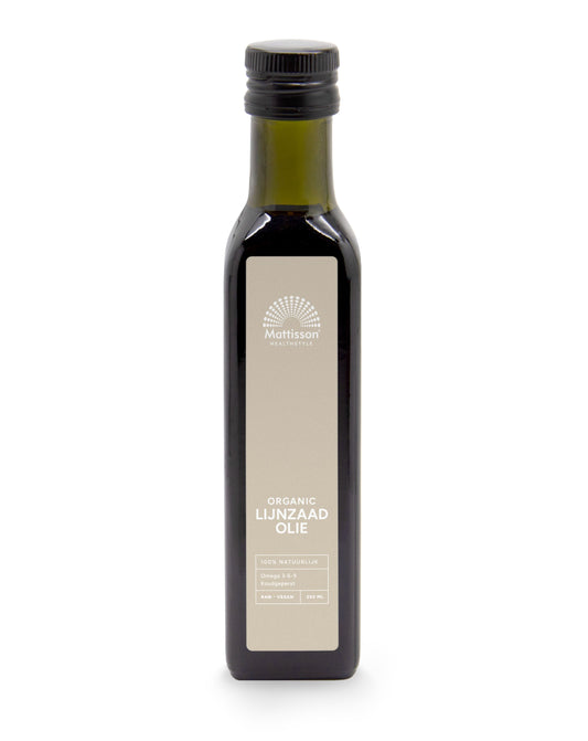 Mattisson cold-pressed organic flaxseed oil in a 250ml bottle, shown in a clear glass container with a golden hue.