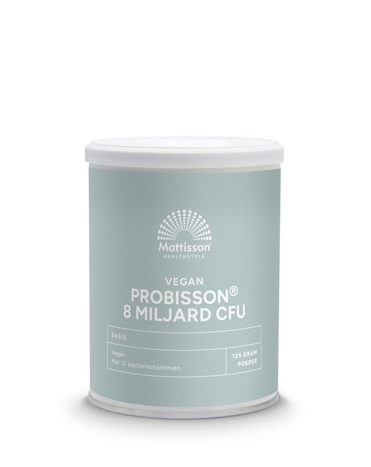 Mattisson Probisson powder with 8 billion CFU micro-organisms in a 125g package, shown in a close-up image.