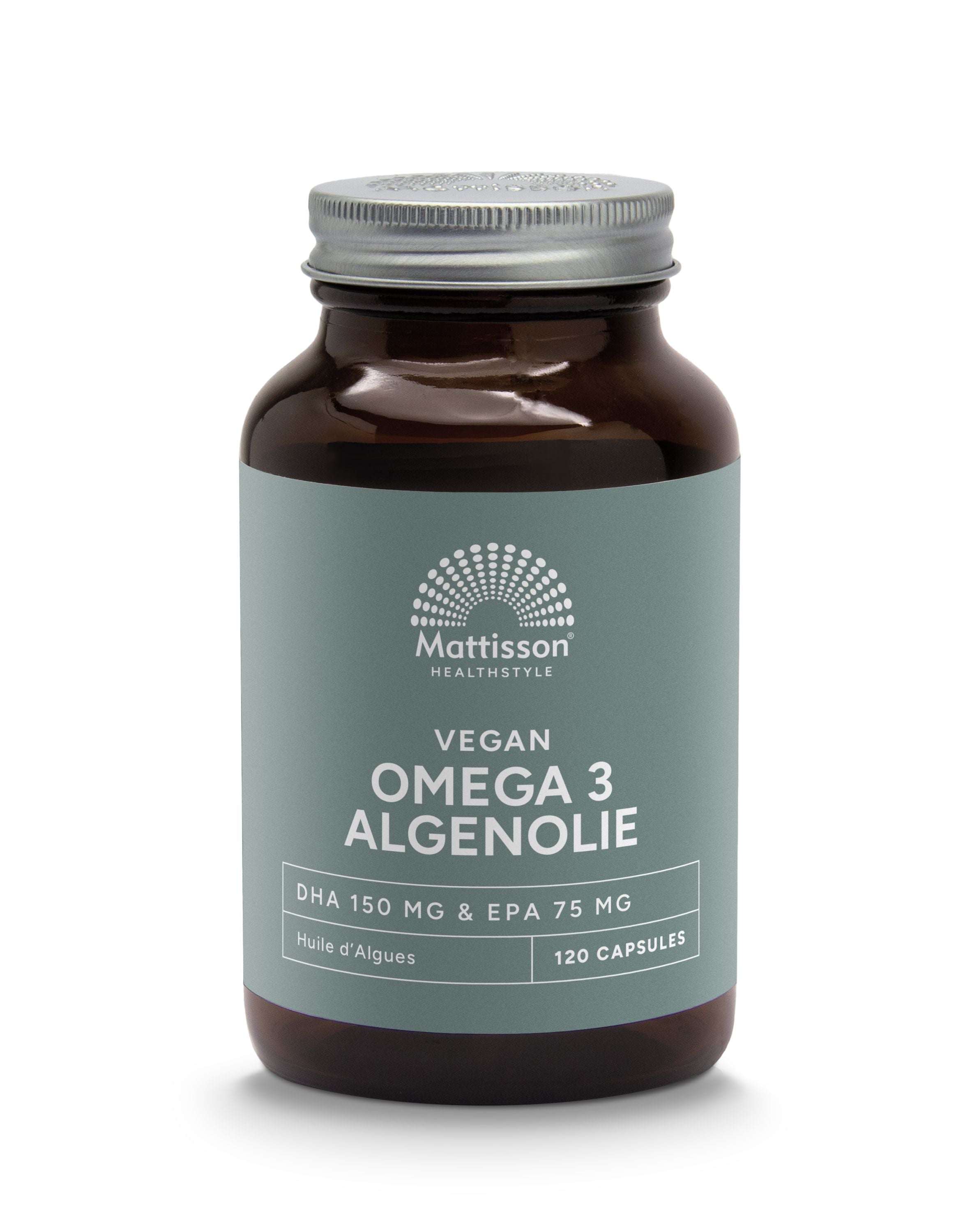 Vegan omega-3 algae oil capsules by Mattisson, containing DHA 150mg and EPA 75mg, in vegetarian softgel capsules.