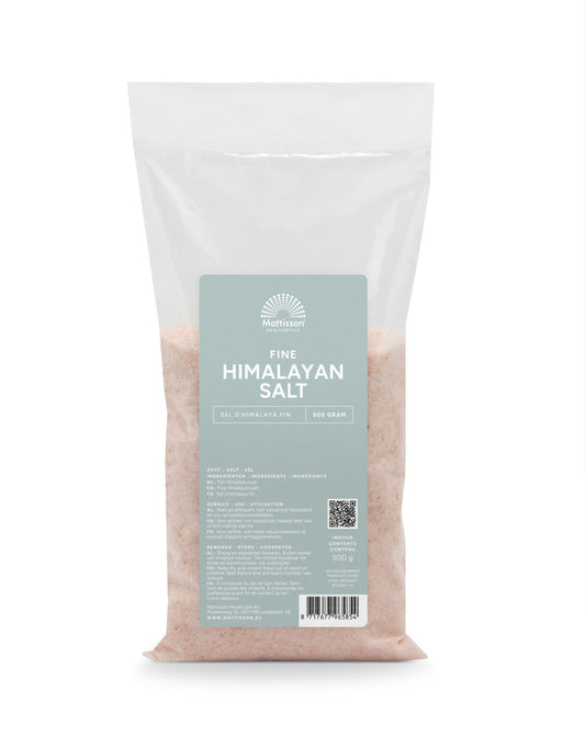 Mattisson Himalayazout fijn refill bag, 500 grams, showing a resealable salt pouch from the herbal and seasoning products.