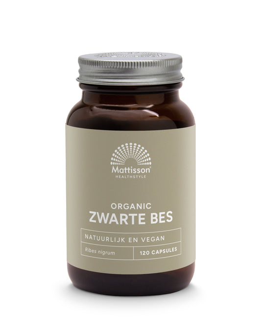 Mattisson Zwarte bes bio vegetarian capsules in a clear bottle, herbal supplement for vegetarians.