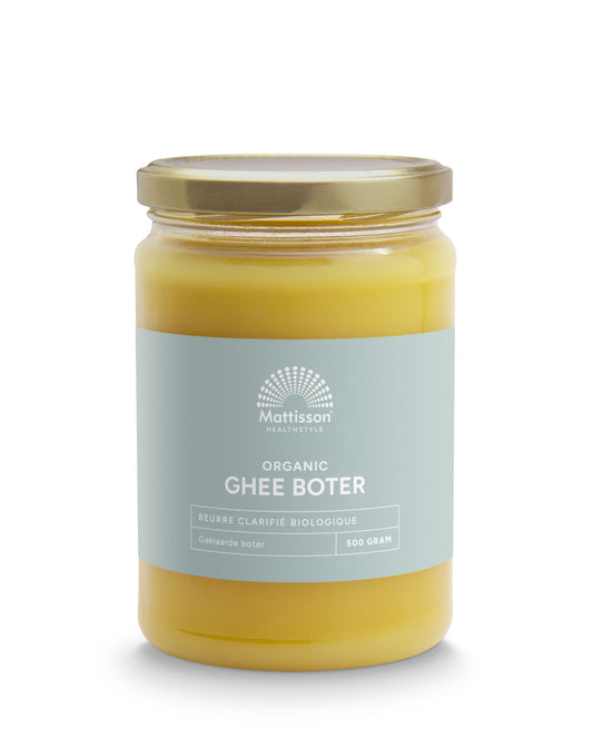 Organic Mattisson Ghee clarified butter in a 500g jar, showcasing smooth, golden ghee with a clean, natural appearance.