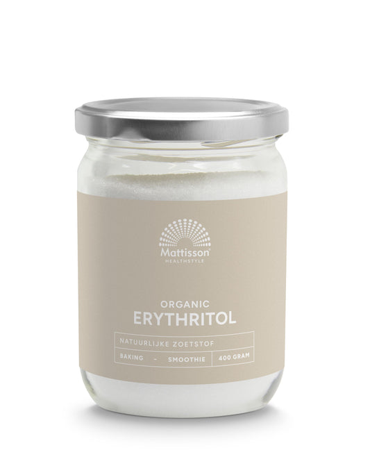 Organic Mattisson Erythritol sweetener in a 400g package, suitable for baking and healthy sugar alternatives.