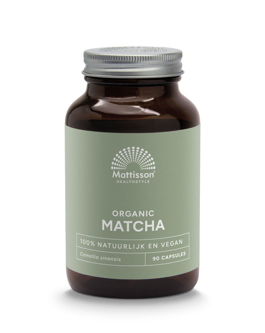 Mattisson Matcha 500mg organic camellia sinensis vegetarian capsules, herbal supplement shown in clear bottle with capsules inside.
