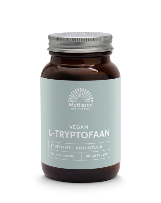 Vegetarian capsules of Mattisson L-Tryptophan 500mg with B6, showing 60 softgel capsules in the bottle.