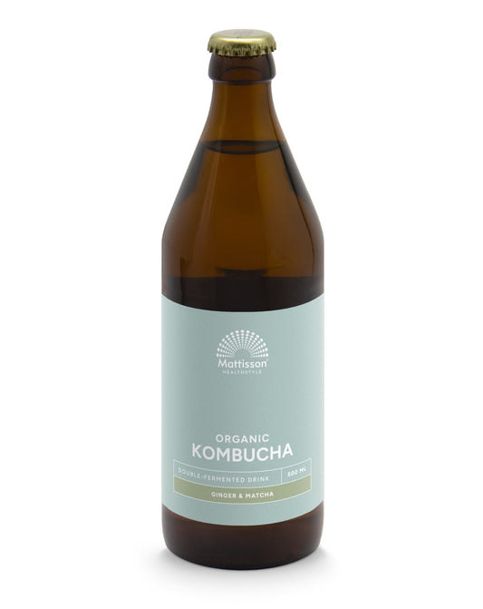 Bottle of Mattisson Ginger & Matcha Kombucha, double fermented bio drink in 500ml glass bottle with label.