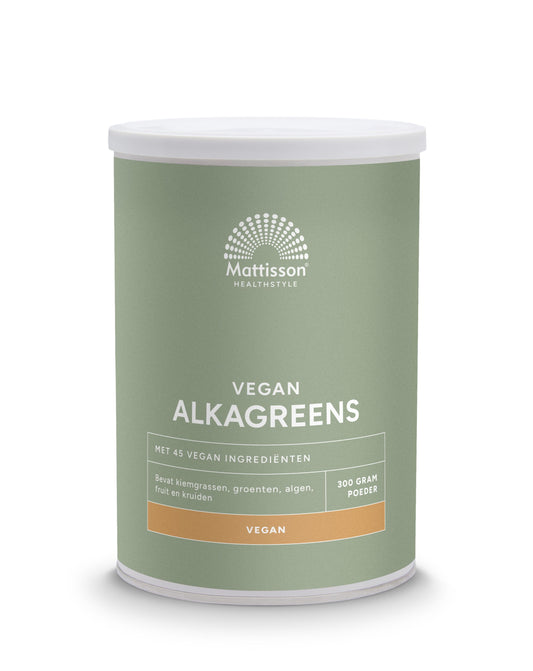 Mattisson Absolute AlkaGreens raw superfood powder in a 300g container, vibrant green powder with fresh leafy ingredients.