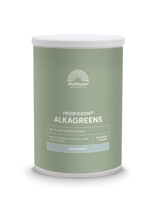 Mattisson Probisson Alkagreens powder in 300g container, raw superfood with vibrant green color and fresh leafy appearance.