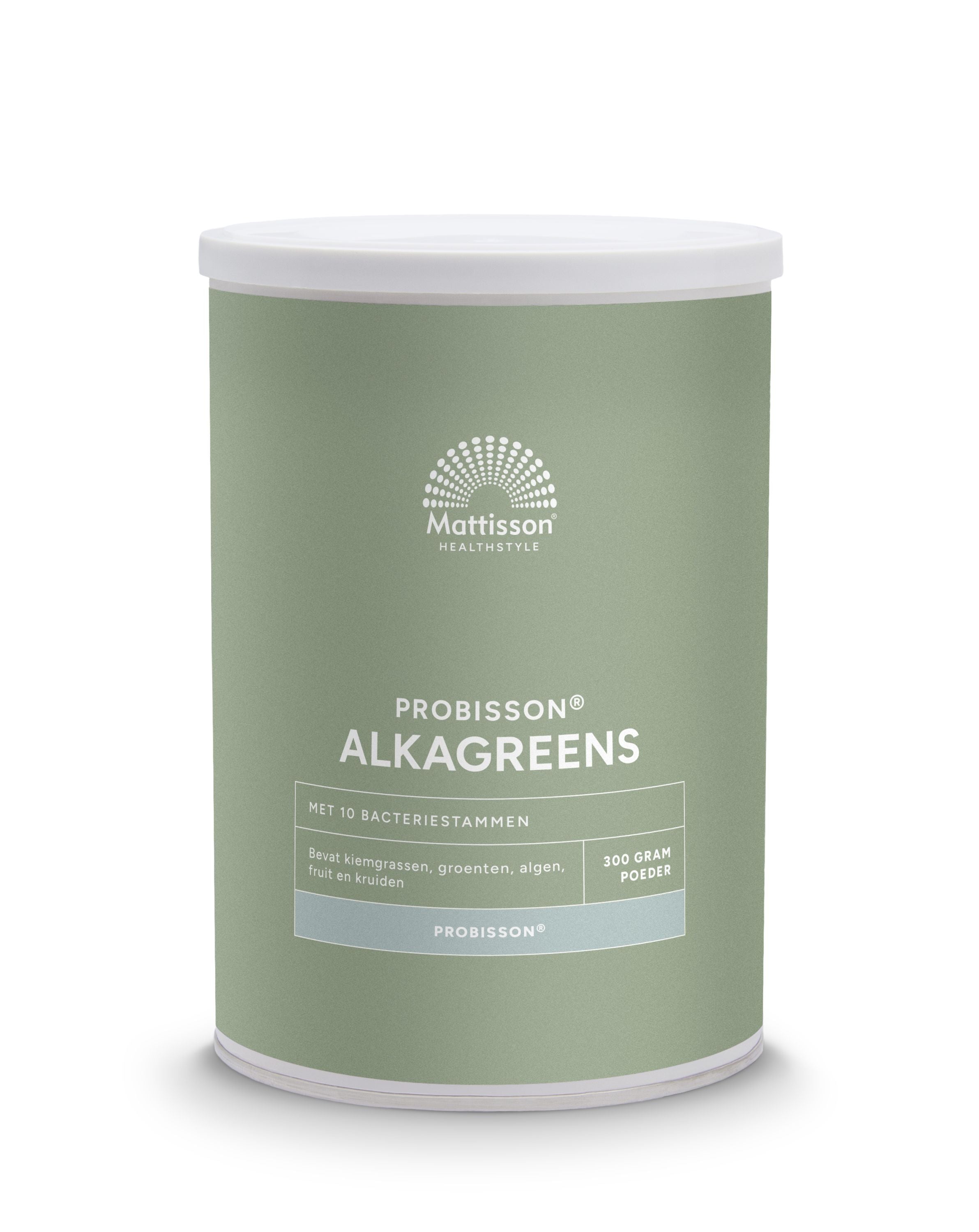Mattisson Probisson Alkagreens powder in a 300g container, raw superfood supplement with vibrant green powder in a jar.