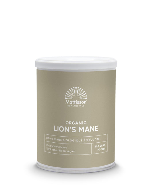 Mattisson Lion's Mane bio powder in 100g, organic herbal supplement with powdered mushroom for cognitive support.