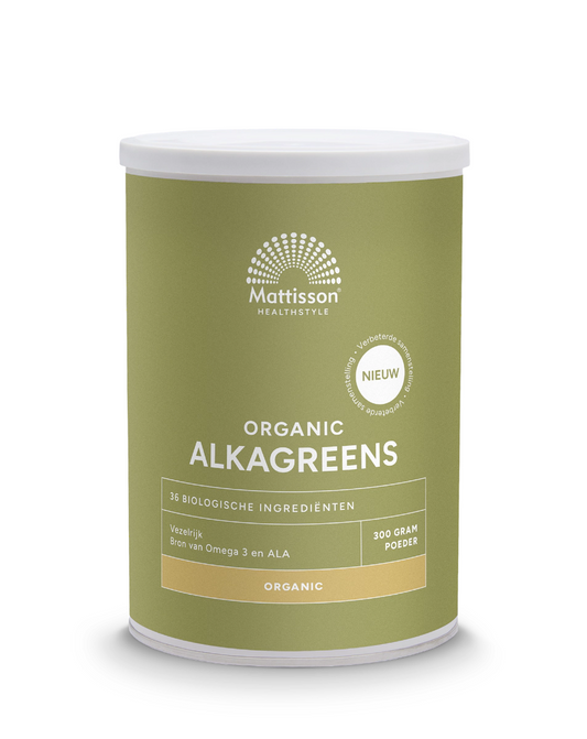 Organic Mattisson Alkagreens superfood powder in 300g jar, showcasing vibrant green powder in a natural setting.