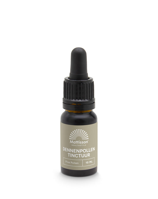 Mattisson Pine Pollen Tincture in 10ml bottle, herbal supplement from Mattisson, featuring pine pollen in a dark dropper bottle.