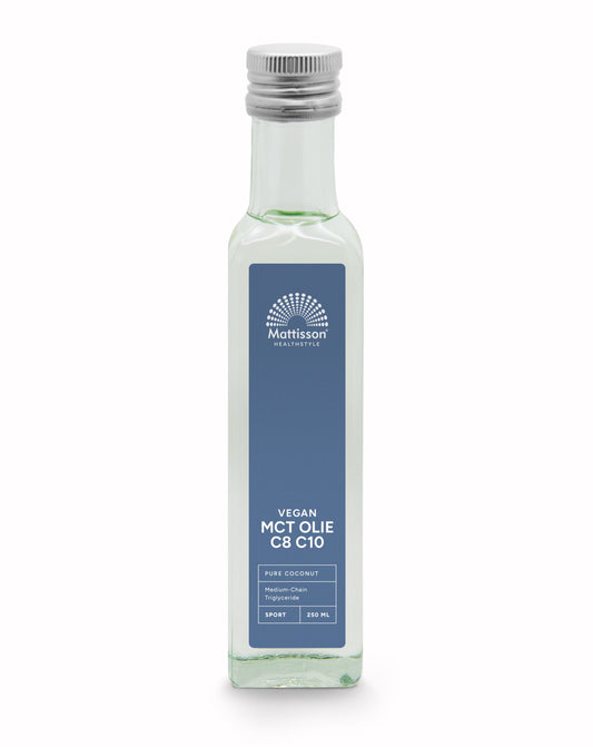 Mattisson MCT olie blend C8 and C10 in 250ml bottle, natural oil for health and energy, labeled with product details.