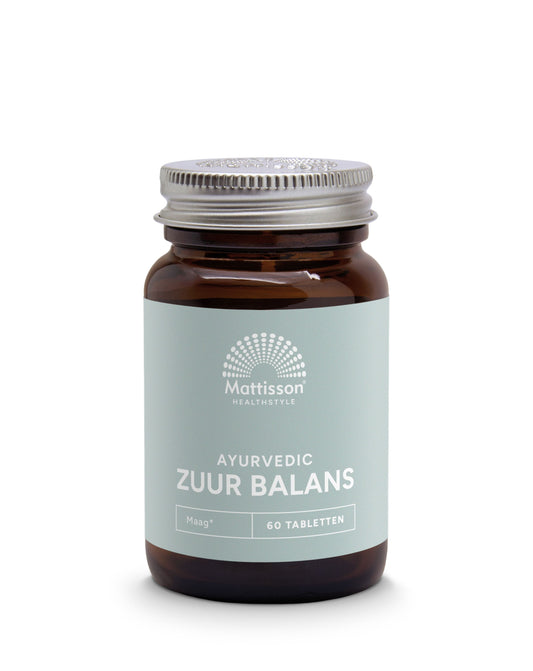 Mattisson Absolute Zuur Balans herbal supplement tablets, showing the packaging and label of the Kruidenpreparaten product.