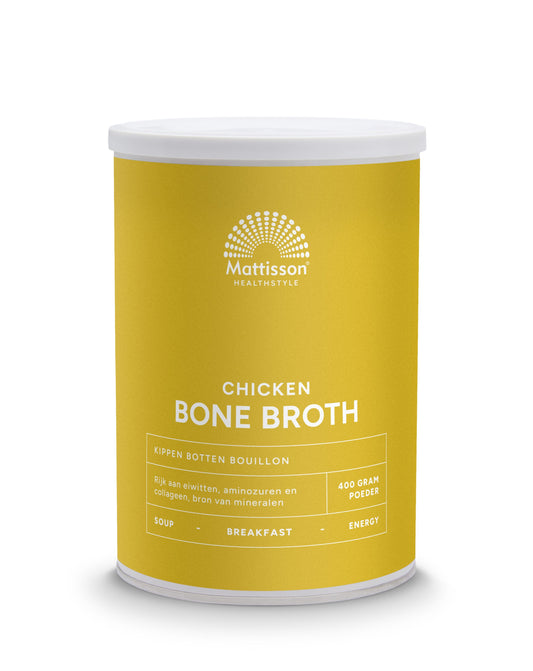 Mattisson chicken bone broth in a 400g container, showcasing the rich, clear soup with chicken bones and broth ingredients.