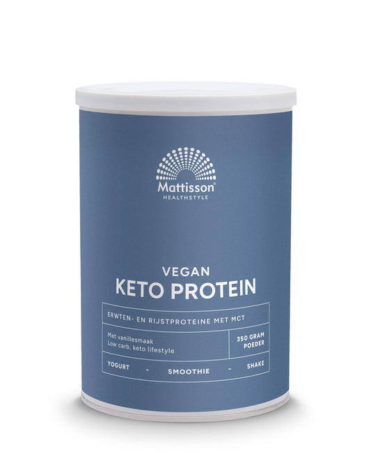 Mattisson Vegan Keto protein shake with pea, rice, and MCT in 350g package, showing the product container and label.