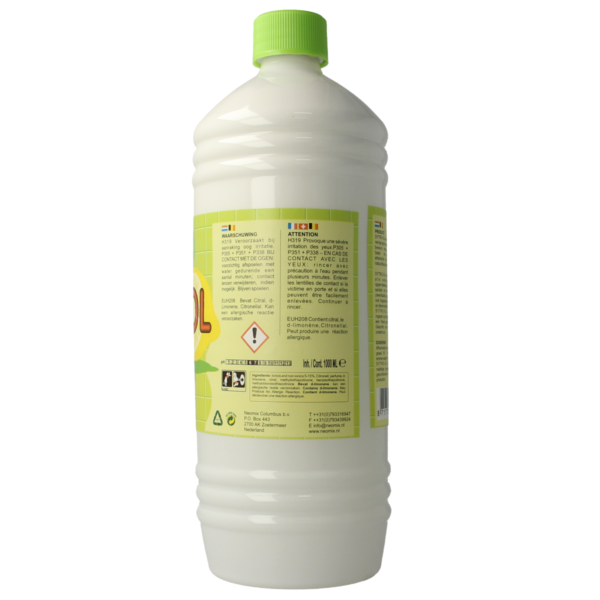 Neomix Sytro citrus air and bathroom cleaner bottle, 1 liter, with lemon scent, in a cleaning product container.