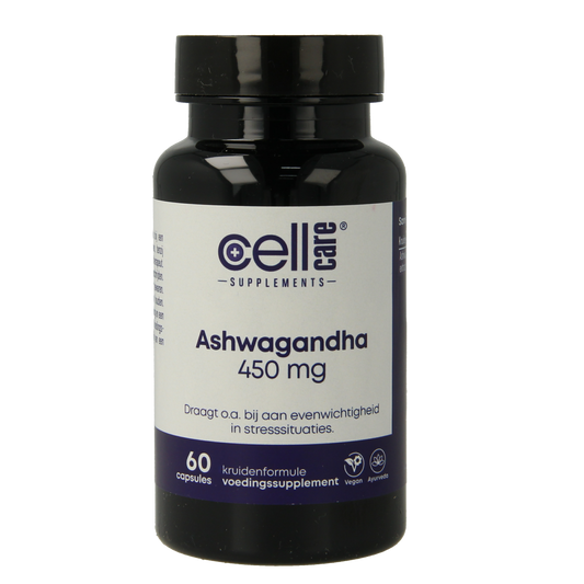 CellCare Ashwagandha 450mg capsules in a bottle, herbal supplement for stress relief and overall wellness.