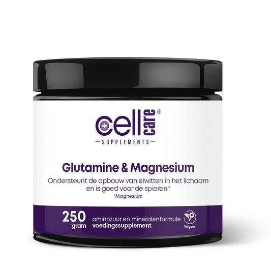 CellCare Glutamine and magnesium mineral supplement in a 250g container, showing the product label and packaging.