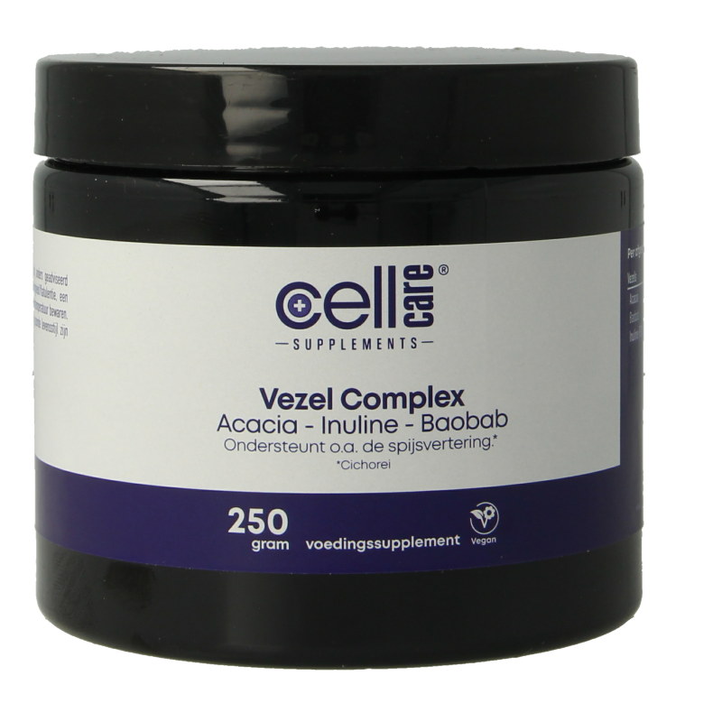 CellCare Vezel complex herbal supplement with acacia, inulin, and baobab in a 250g container, shown in the image.