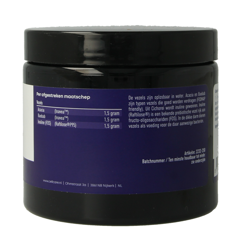 CellCare Vezel complex herbal supplement with acacia, inulin, and baobab in a 250g package, featuring herbal ingredients.