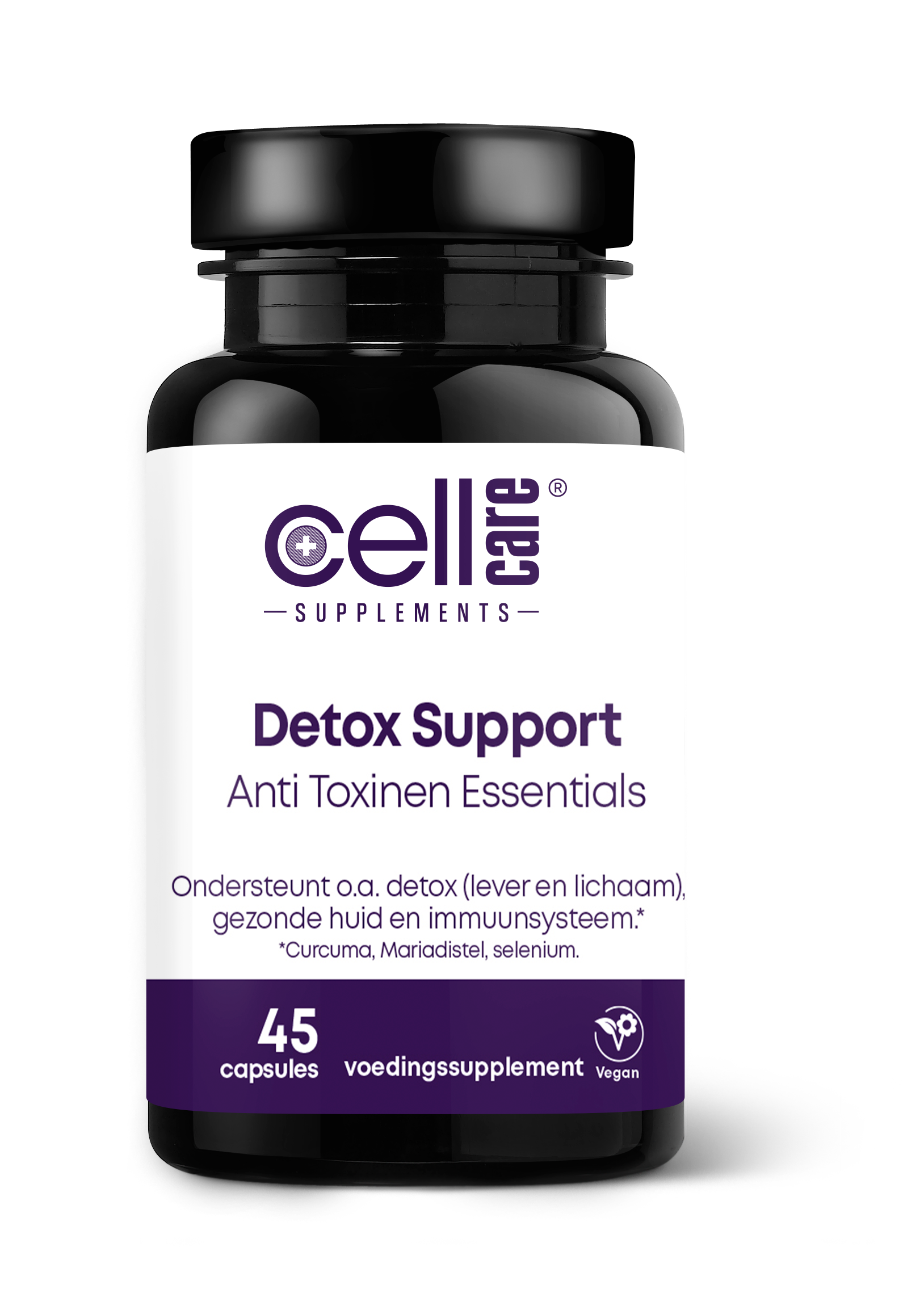 CellCare Anti Toxinen Essentials Mineralen Multi capsules in a bottle, showing the supplement packaging and capsules inside.