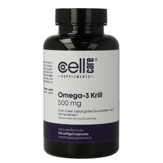 CellCare Omega-3 krill softgels, Vetzuren supplement, showing 120 softgel capsules in a clear jar.