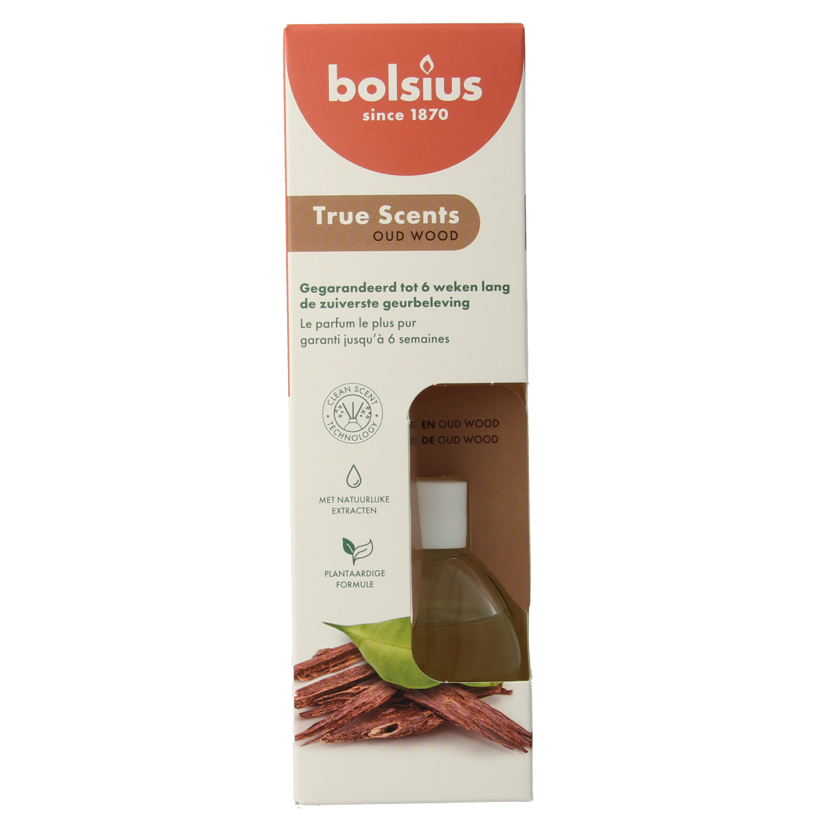 Bolsius True Scents Oud Wood scent diffuser bottle, 60ml, with a sleek design and wooden accents for home fragrance.