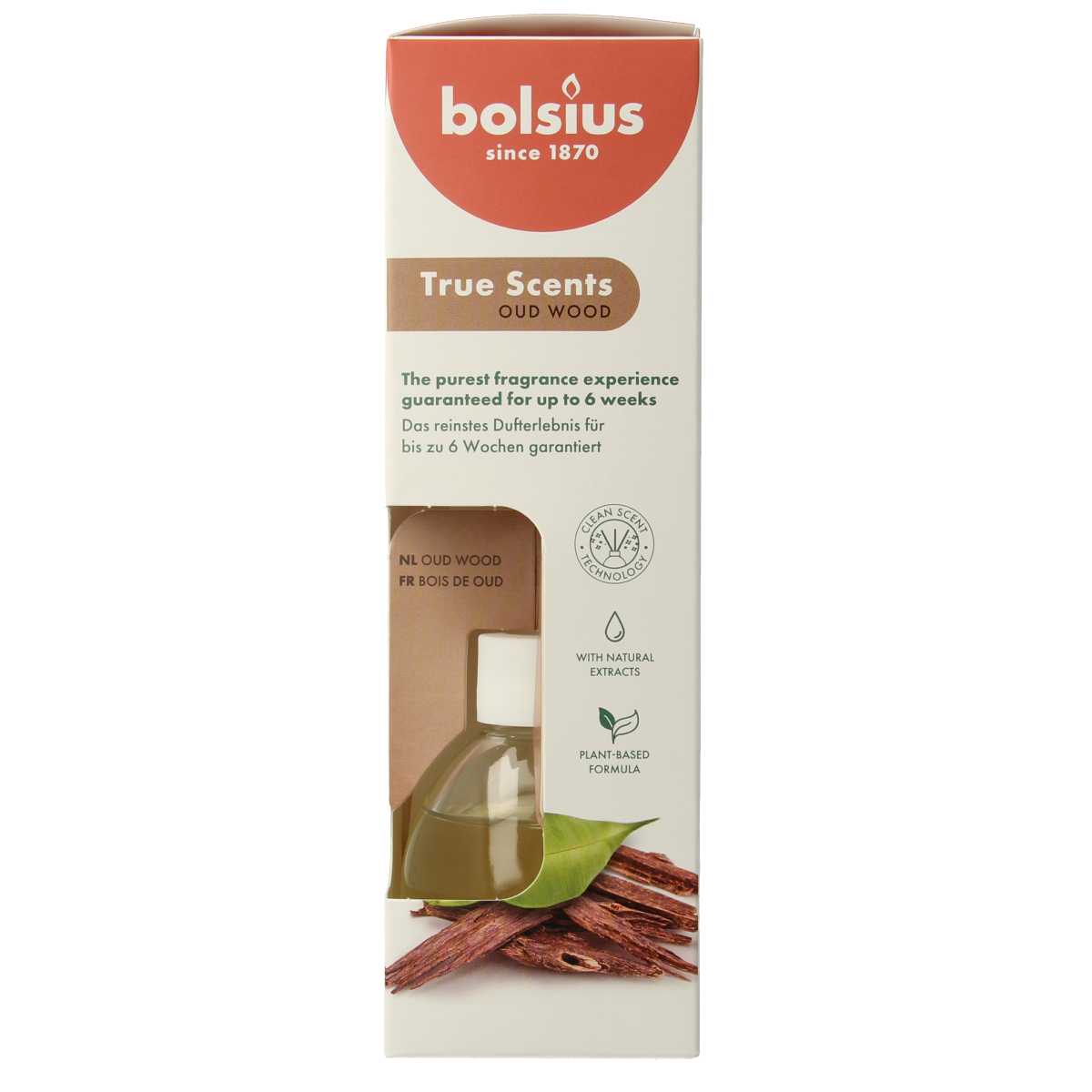 Bolsius True Scents Oud Wood scent diffuser bottle, 60ml, with a sleek container and wooden cap for home fragrance.