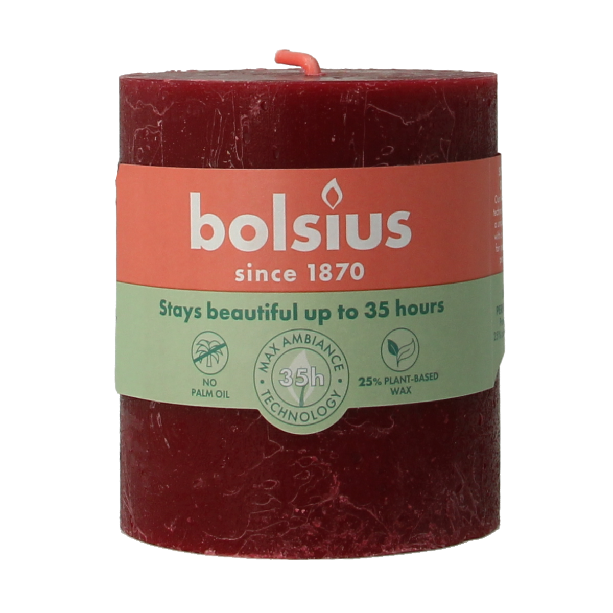 Bolsius Rustiekkaars Shine 80/68 velvet red candle, single decorative wax candle with a textured finish.