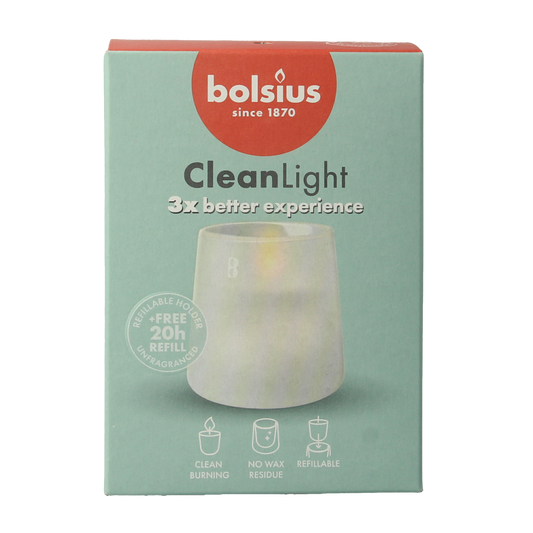 Bolsius Clean Light starterkit holder with 1 unscented candle, featuring a simple white candle inside a clear glass holder.