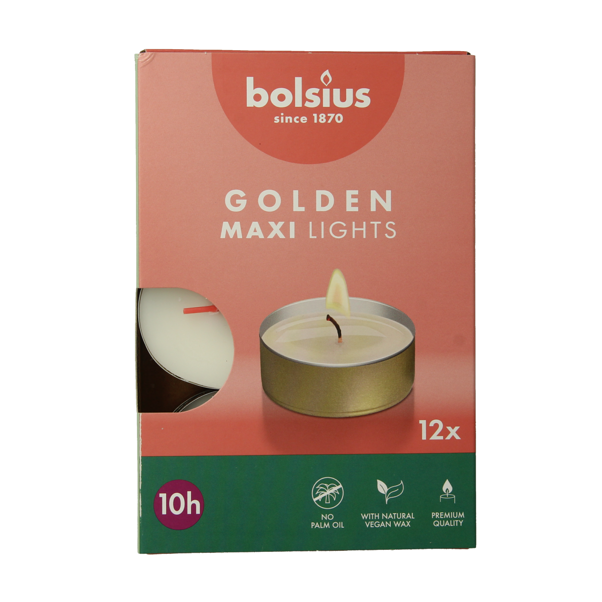Bolsius Maxi lichten 10uur wit met gouden cup 12.00 Stuks