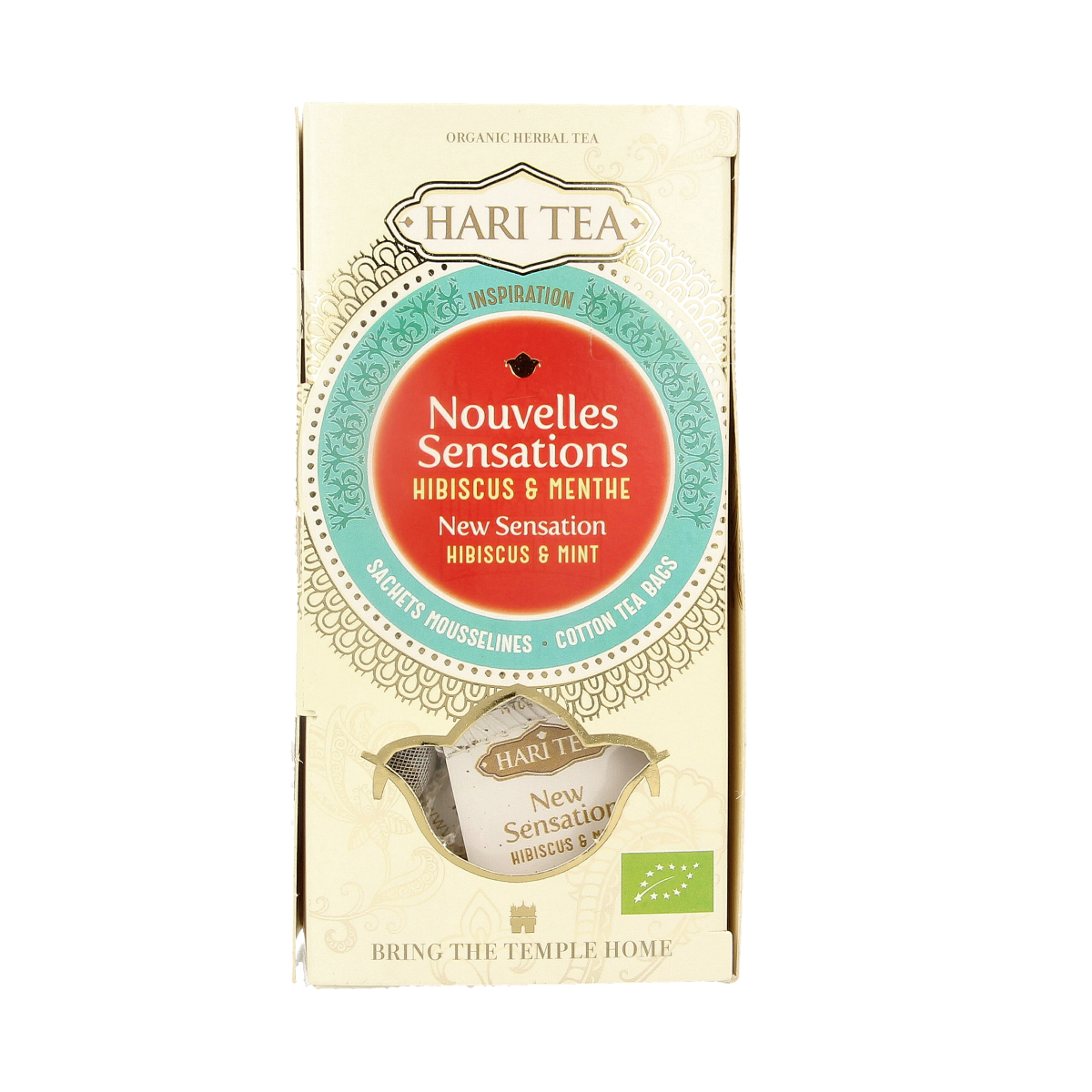 Hari Tea Hibiscus and mint herbal tea in a box, featuring 10 bio tea bags with fresh, vibrant hibiscus and mint ingredients.