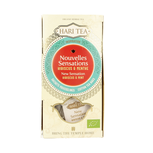Hari Tea Hibiscus & Mint tea box, 10 packs, showcasing colorful herbal tea bags with hibiscus and mint ingredients.