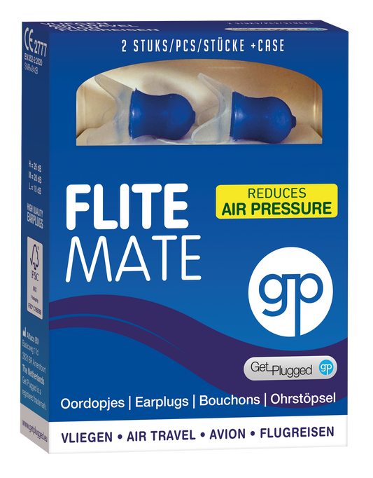 Get Plugged Flite Mate adult earplugs for hearing protection, shown in a close-up image with soft silicone tips.