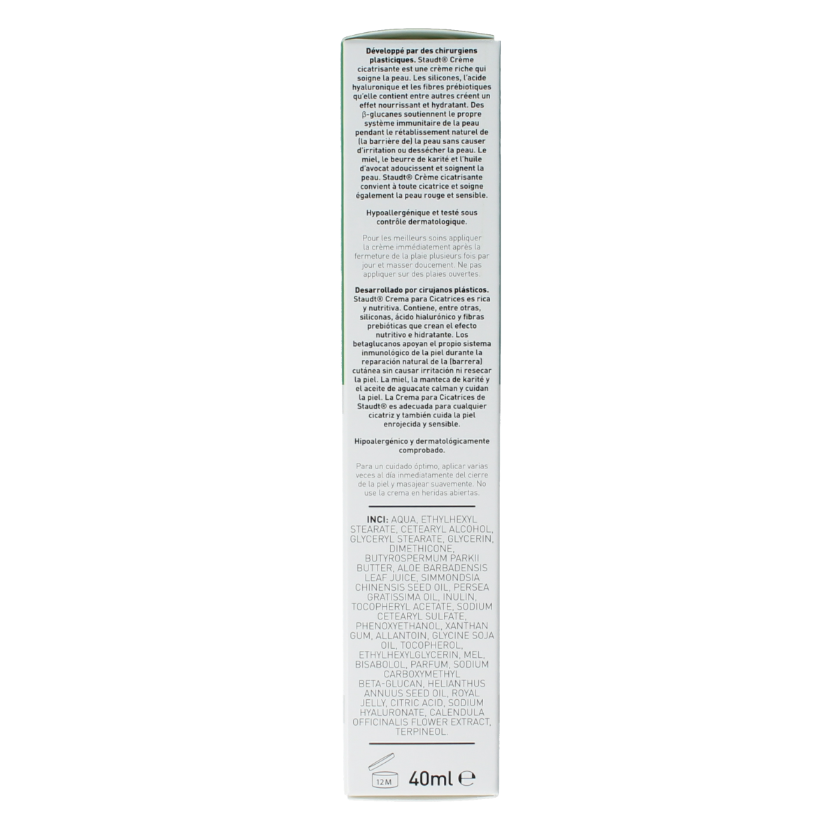 Staudt Littekencreme 40ml, body care product in a white tube with a flip cap, designed for scar treatment and skin healing