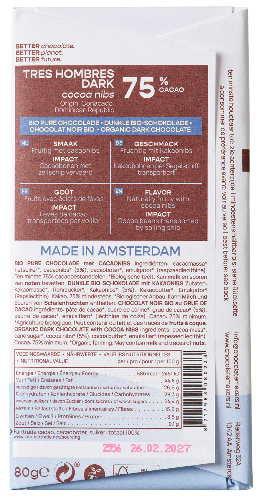 Chocolatemakers Reep tres hombres 75% puur met cacaonibs bio 80 Gram